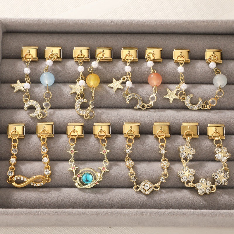 Gold Double Chain Charms, Moon, Star and Crystal