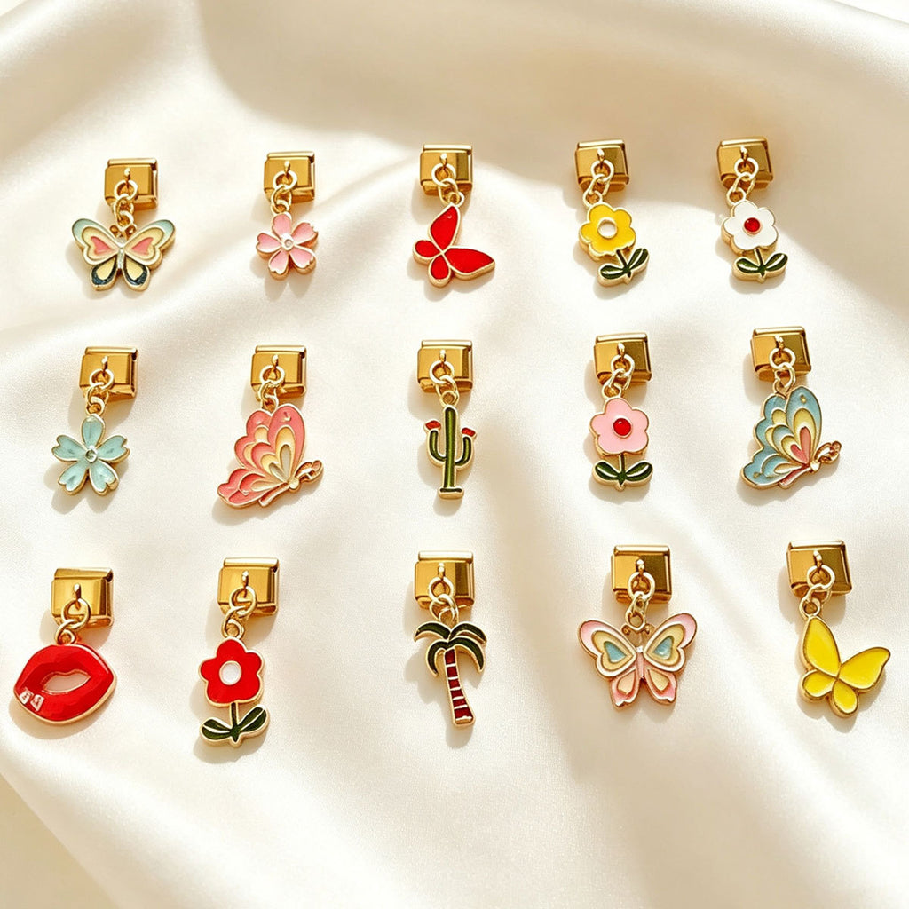 Gold Enamel Dangle Charms, Flowers and Butterflies