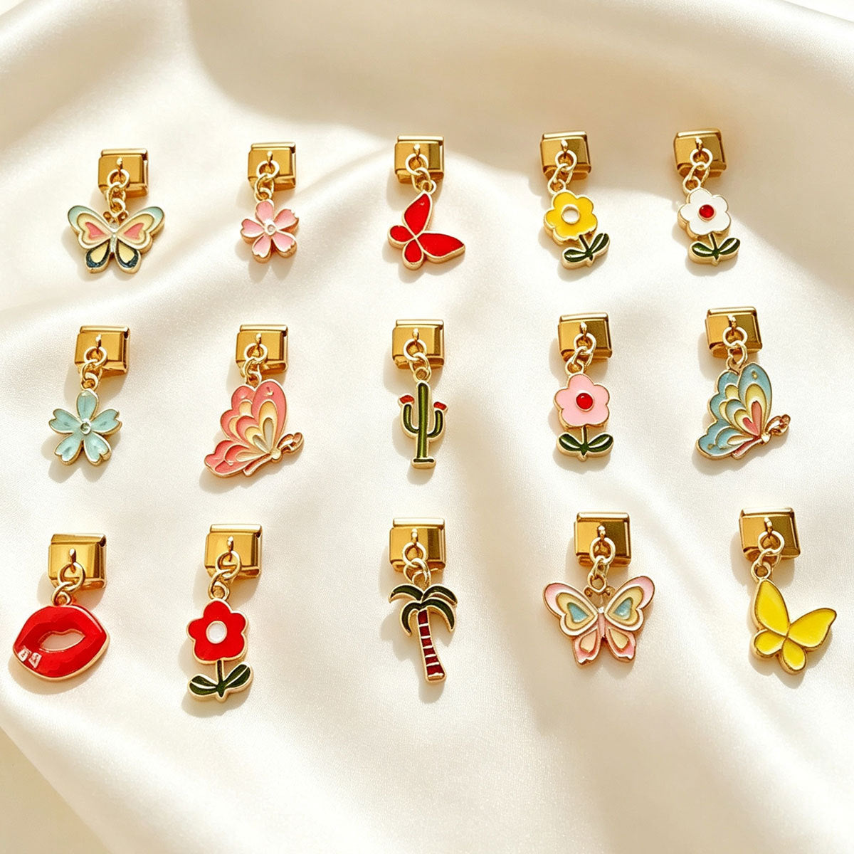 Gold Enamel Dangle Charms, Flowers and Butterflies