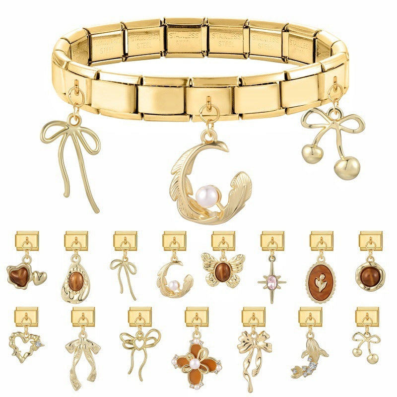Gold Dangle Charms, Brown Hearts and Bows