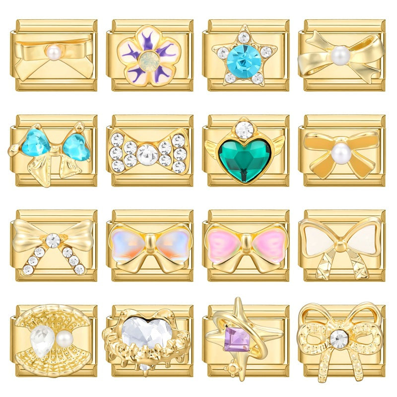 Gold Charms, Bows and Crystal Hearts