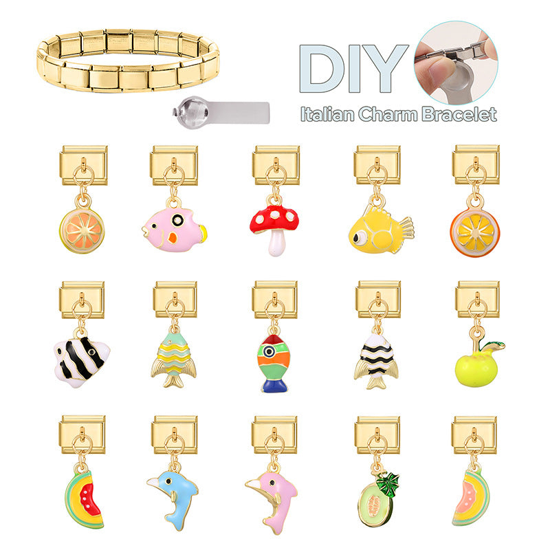 Gold Enamel Dangle Charms, Fish and Fruit