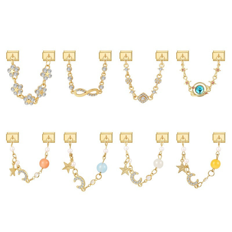 Gold Double Chain Charms, Moon, Star and Crystal