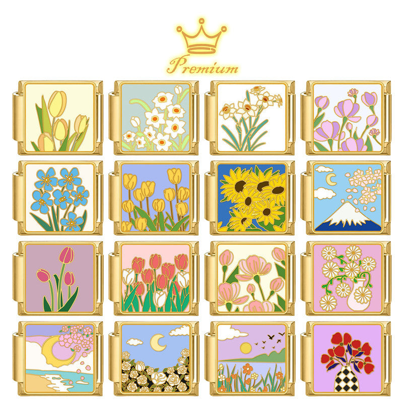 Gold Enamel Flower Scene Charms