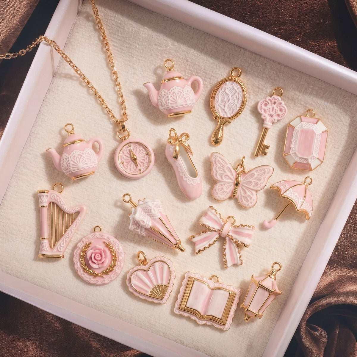 Pink Enamel Necklace Charms and Chains