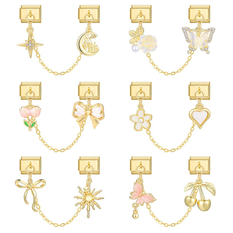 Gold Double Hanging Charms, Flowers and Bows