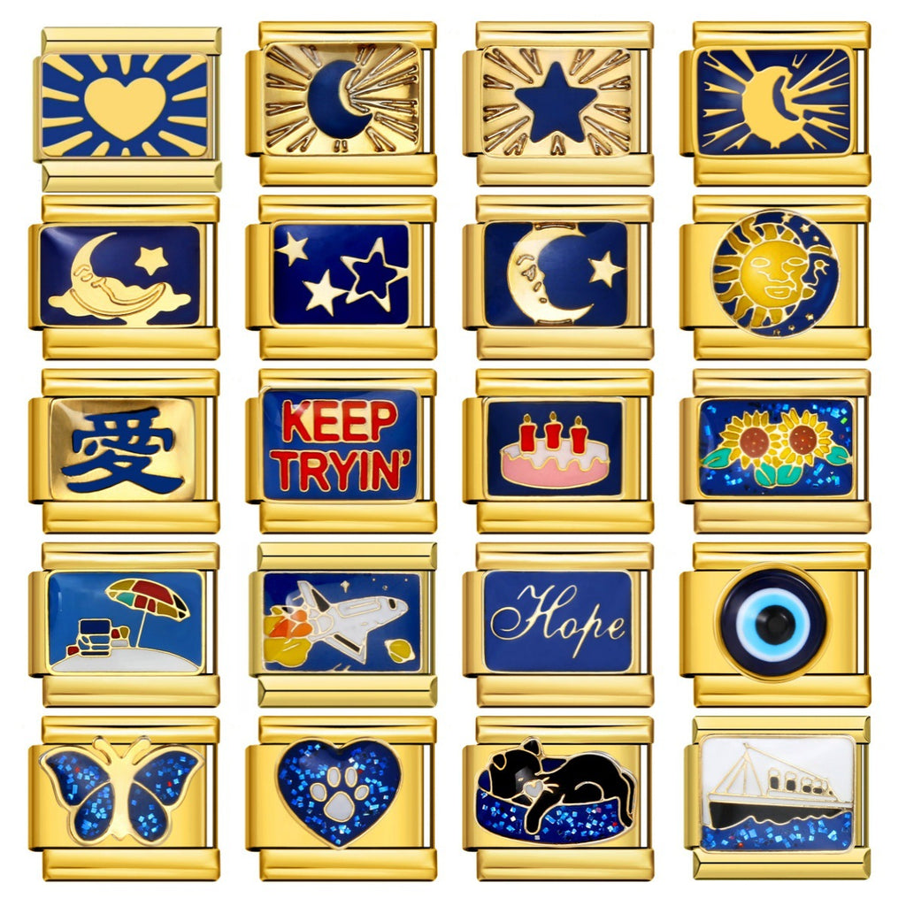 Gold Blue Enamel Charms, Moon, Stars and Sea