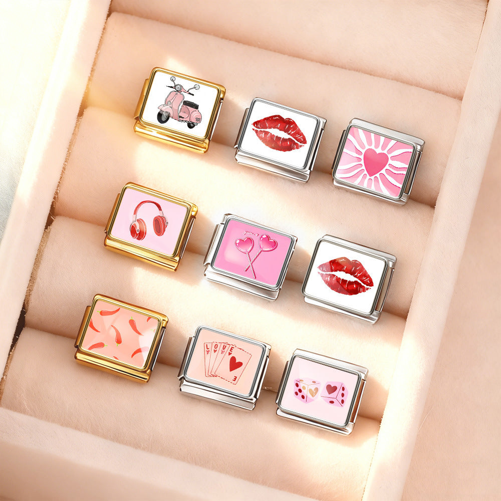Pink Slogan Charms with Printed Designs