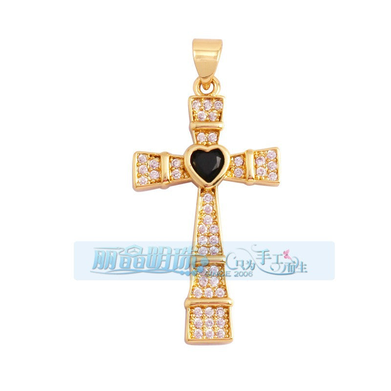Pave Heart Cross Black