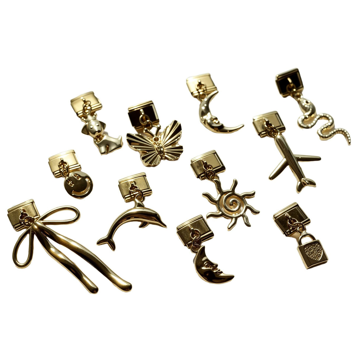 Gold Dangle Charms, Dolphin, Puppy and Sun