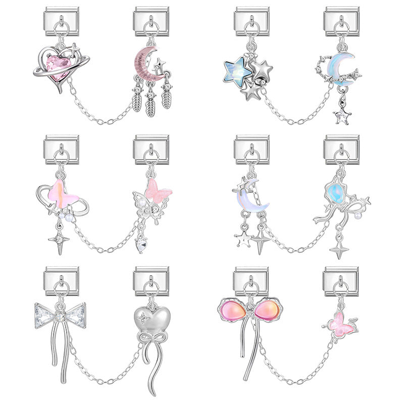 Silver Double Chain Charms, Bows and Moons