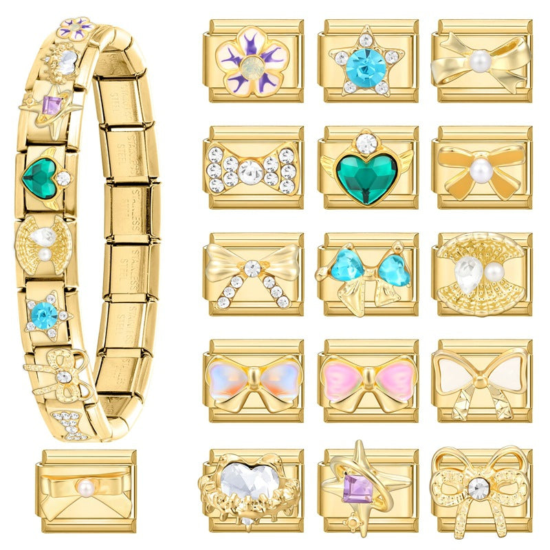 Gold Charms, Bows and Crystal Hearts