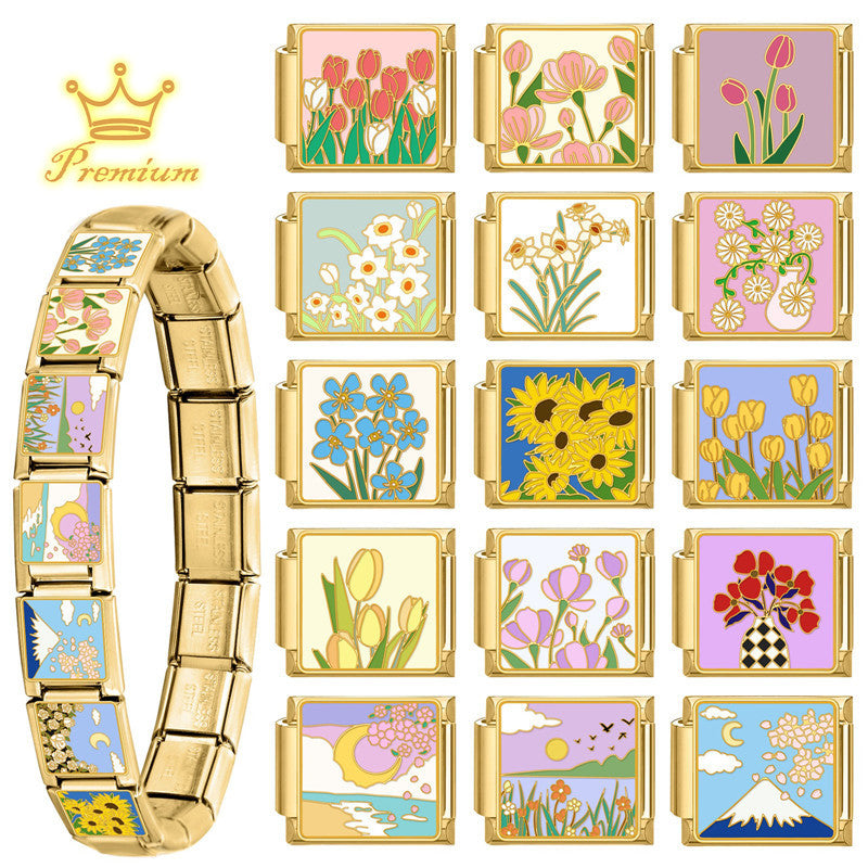 Gold Enamel Flower Scene Charms
