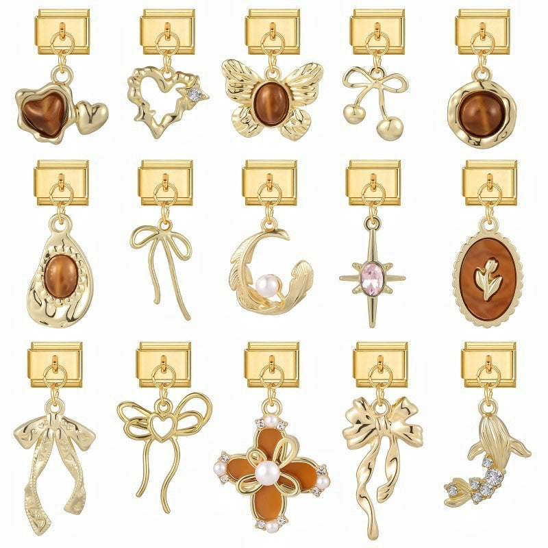 Gold Dangle Charms, Brown Hearts and Bows