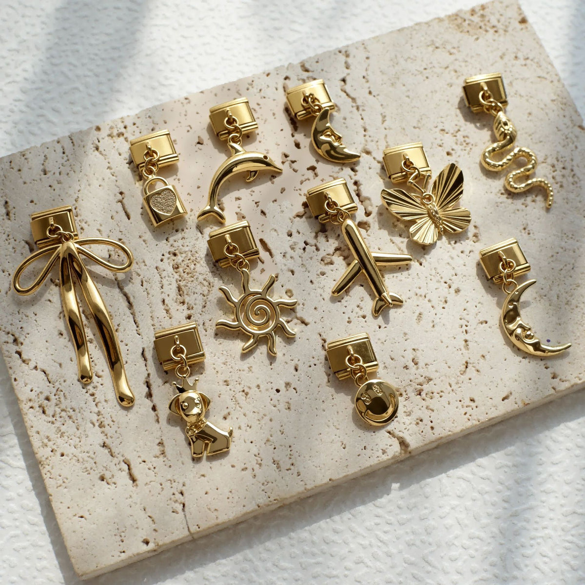 Gold Dangle Charms, Dolphin, Puppy and Sun