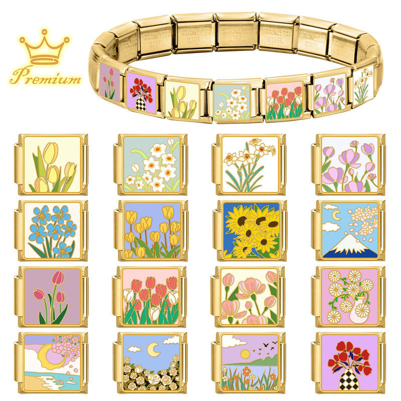 Gold Enamel Flower Scene Charms