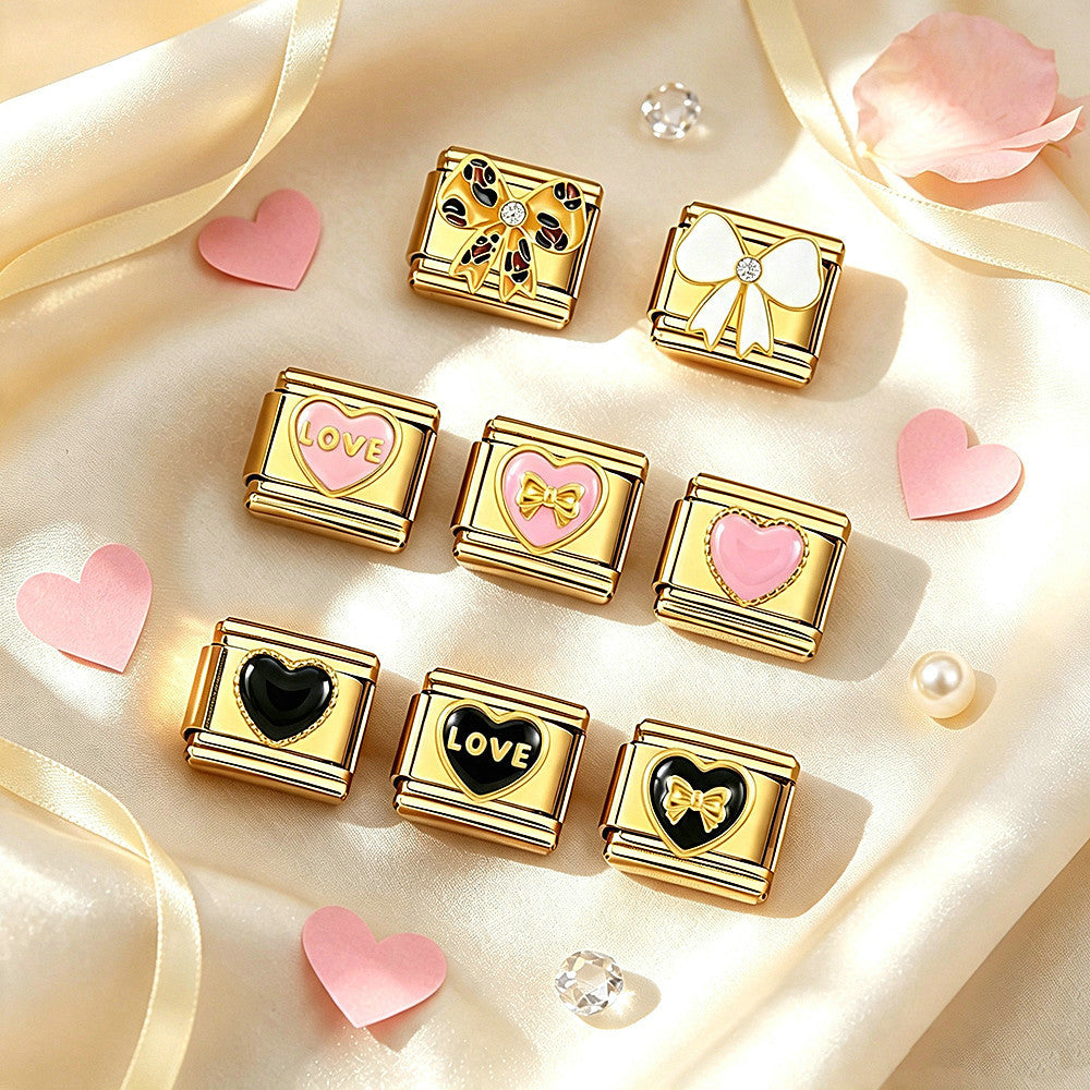 Gold Enamel Charms, Hearts and Bows
