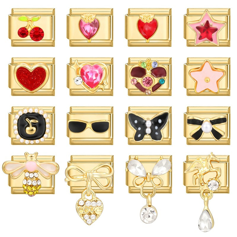 Gold Crystal Charms, Hearts and Bows