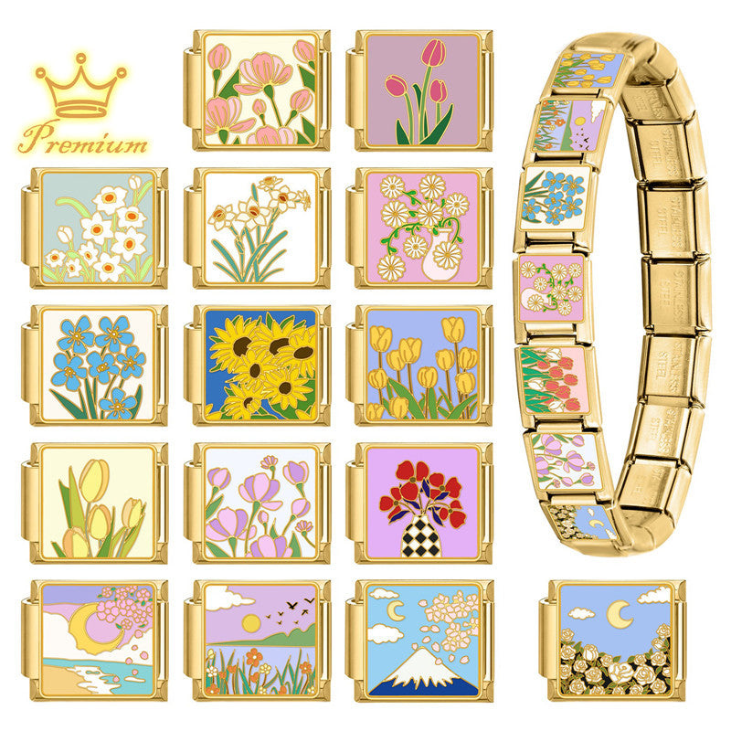 Gold Enamel Flower Scene Charms