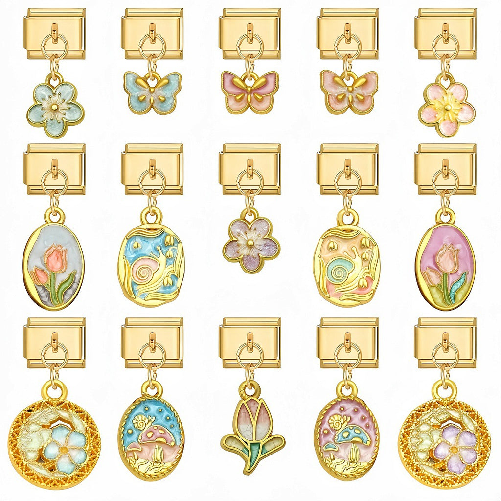 Gold Enamel Dangles, Flowers and Butterflies