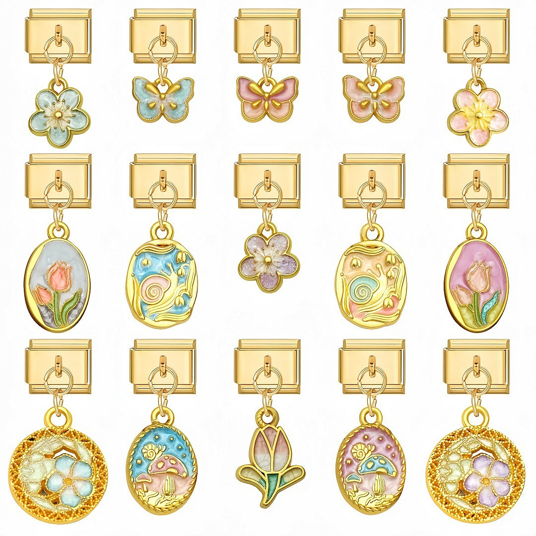 Gold Enamel Dangles, Flowers and Butterflies