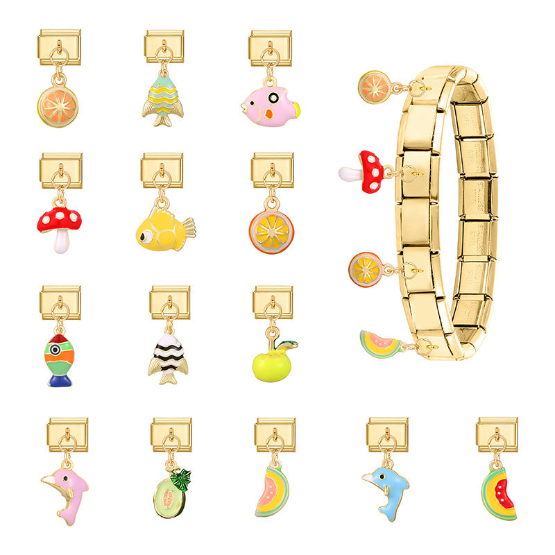 Gold Enamel Dangle Charms, Fish and Fruit