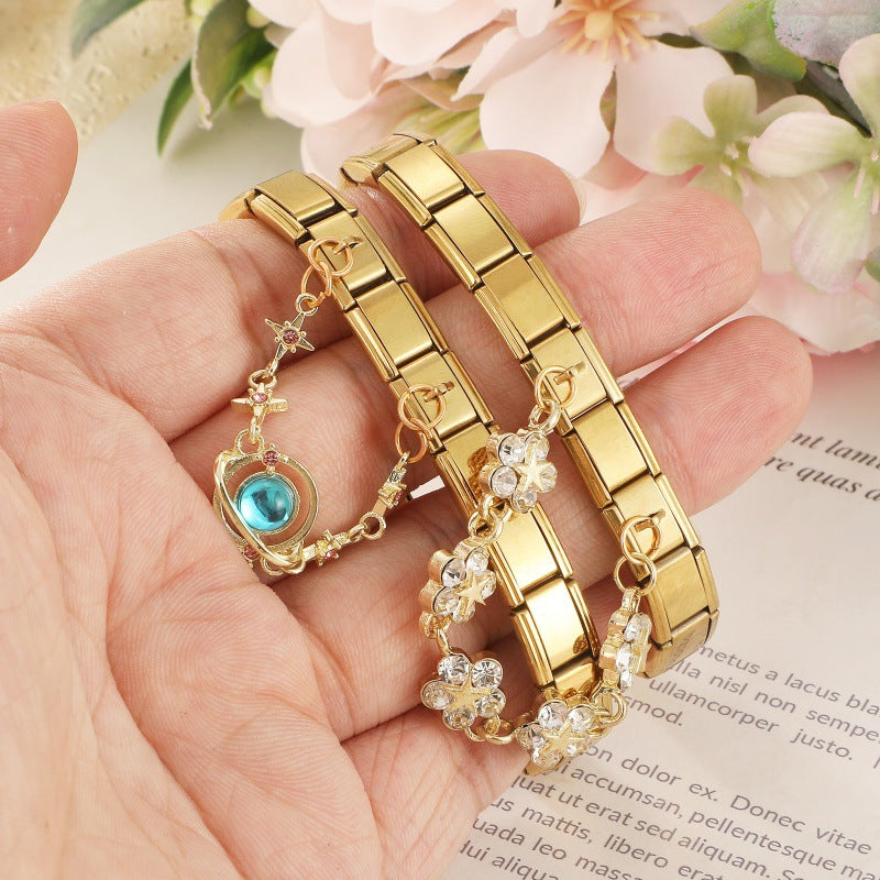 Gold Double Chain Charms, Moon, Star and Crystal
