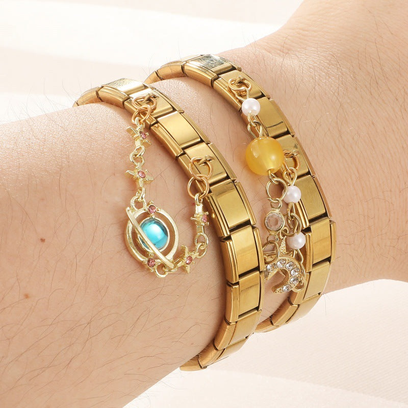 Gold Double Chain Charms, Moon, Star and Crystal