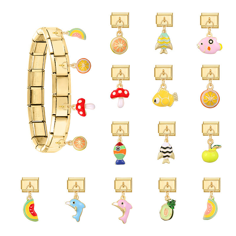 Gold Enamel Dangle Charms, Fish and Fruit