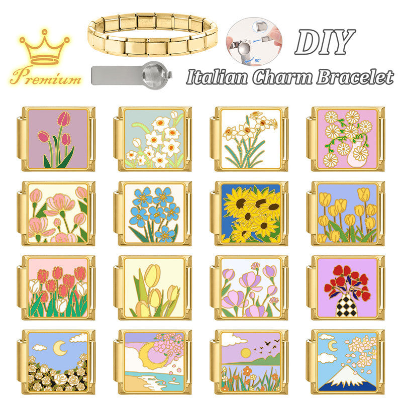 Gold Enamel Flower Scene Charms
