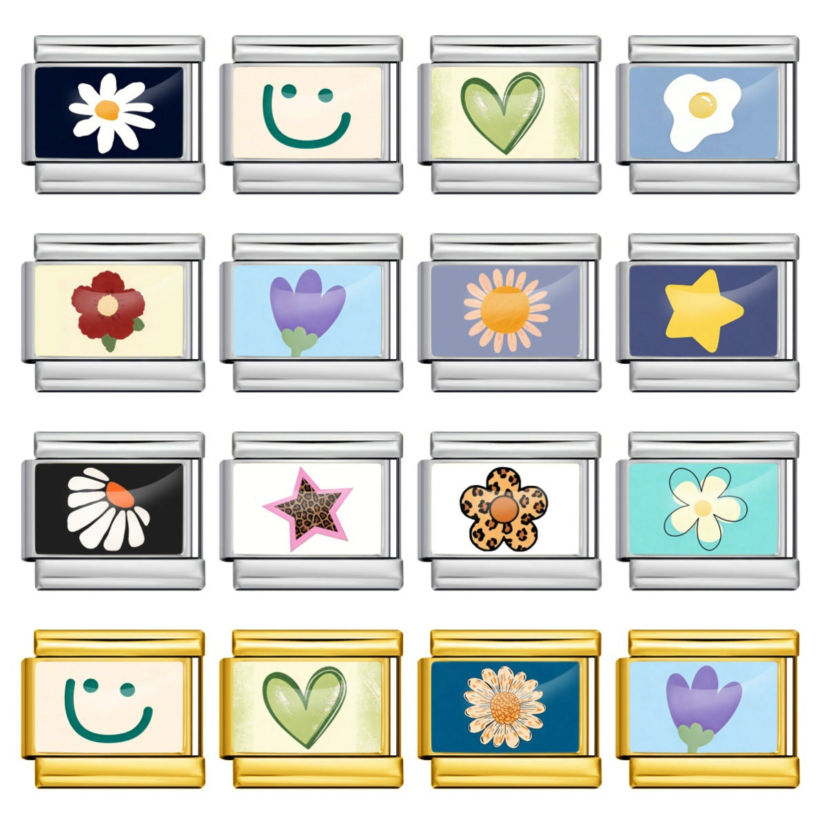 Flower and Smiley Charms, Silver and Gold
