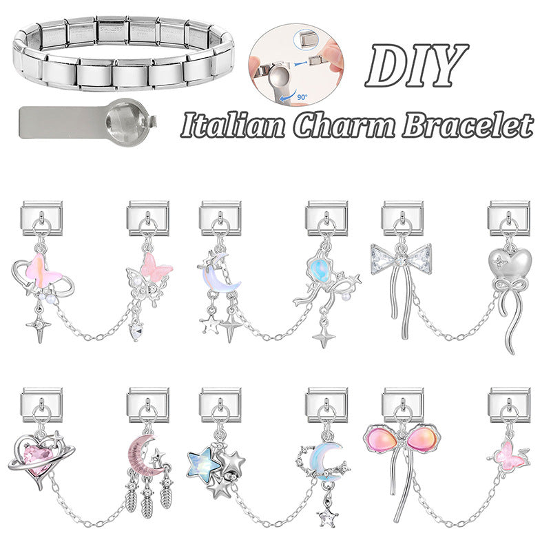 Silver Double Chain Charms, Bows and Moons