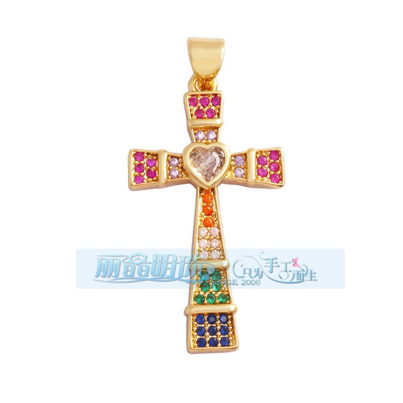Pave Heart Cross Rainbow