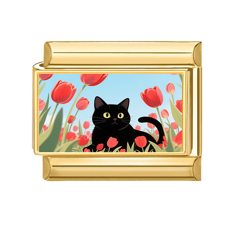 Black Cat in Tulips