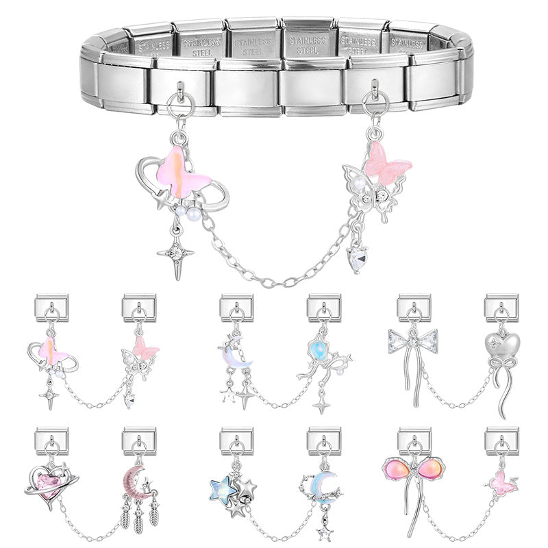 Silver Double Chain Charms, Bows and Moons