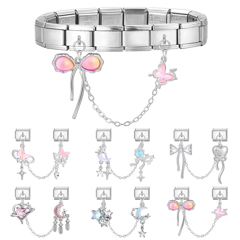 Silver Double Chain Charms, Bows and Moons