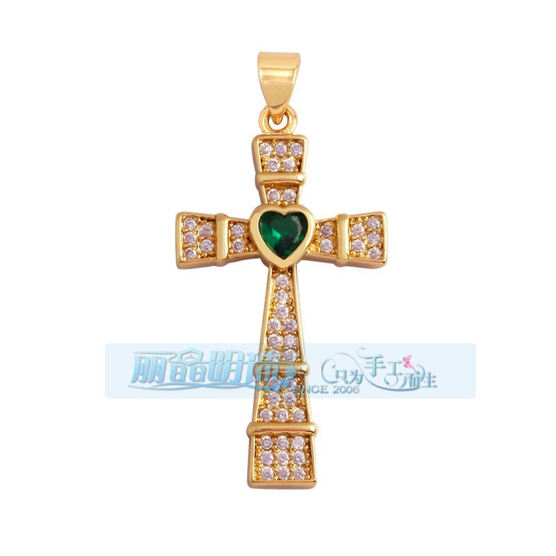 Pave Heart Cross Green