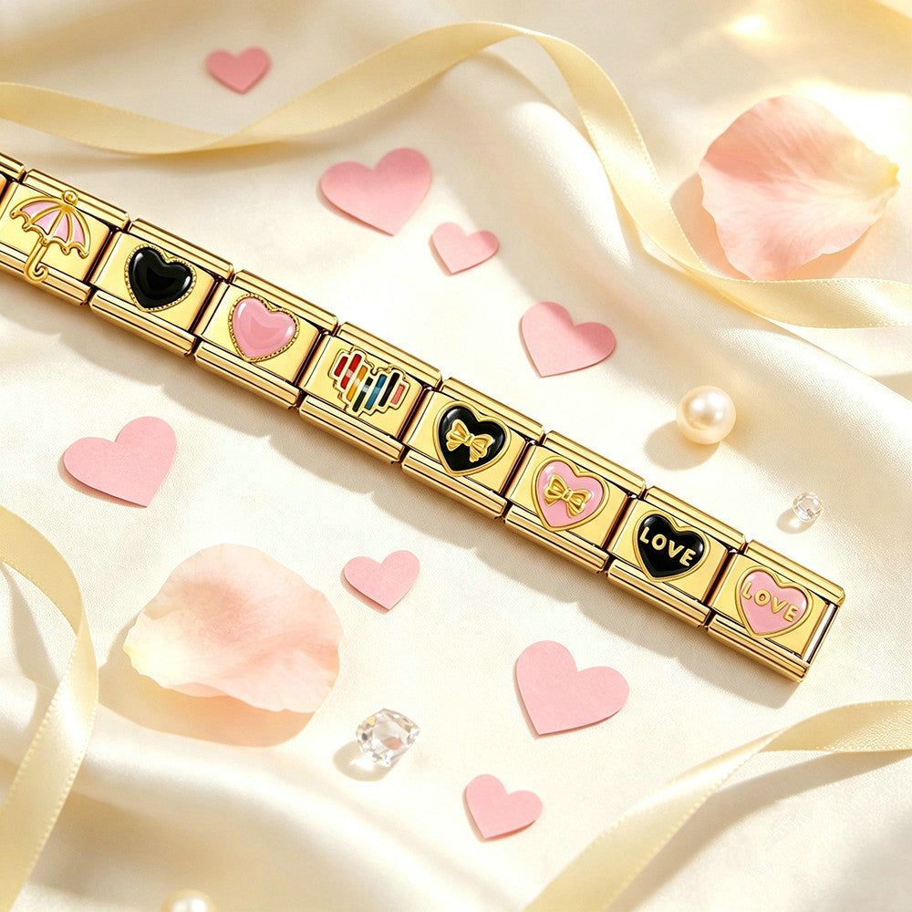 Gold Enamel Charms, Hearts and Bows