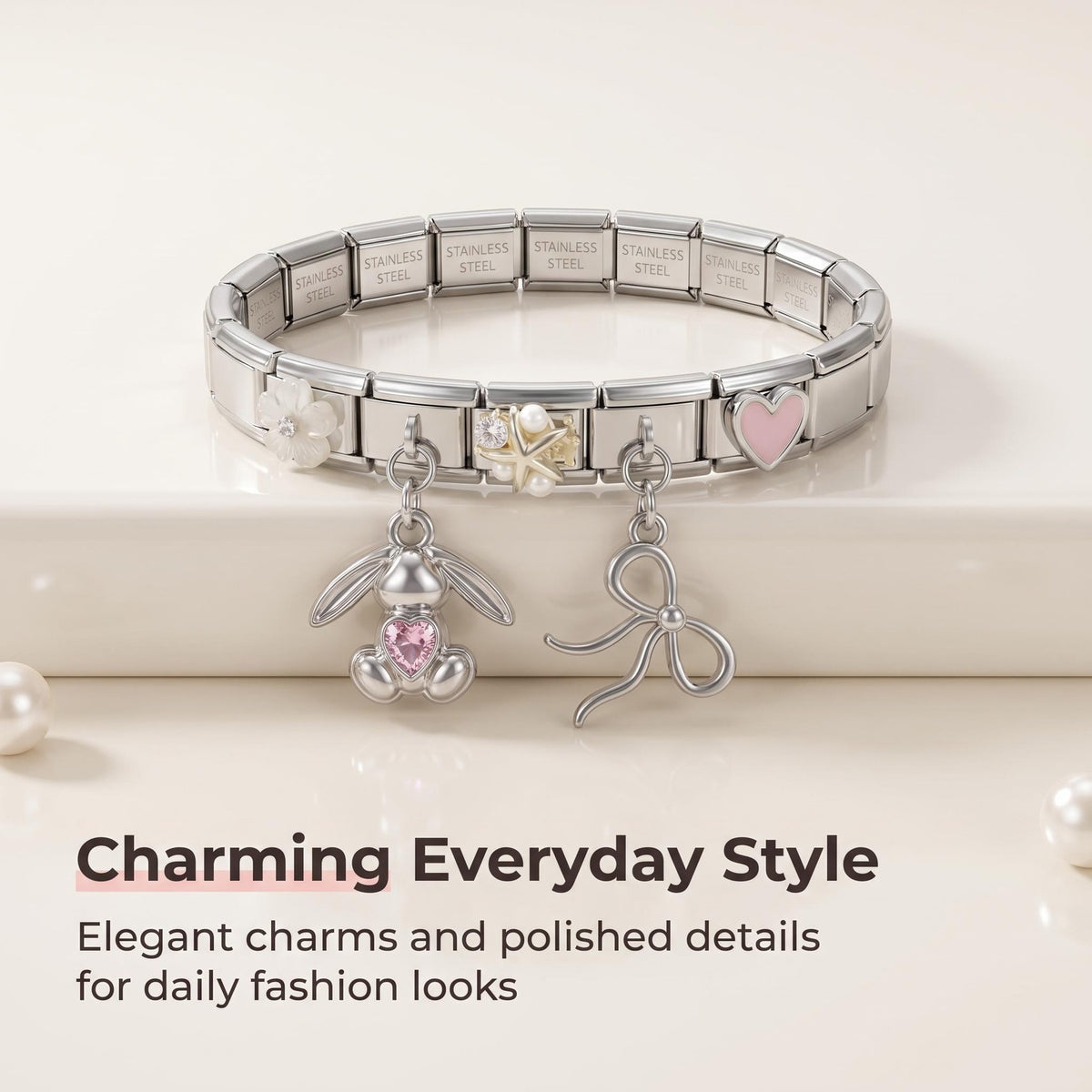 Fashionable and trendy Italian modular handheld rabbit heart gemstone bow flower pendant module bracelet