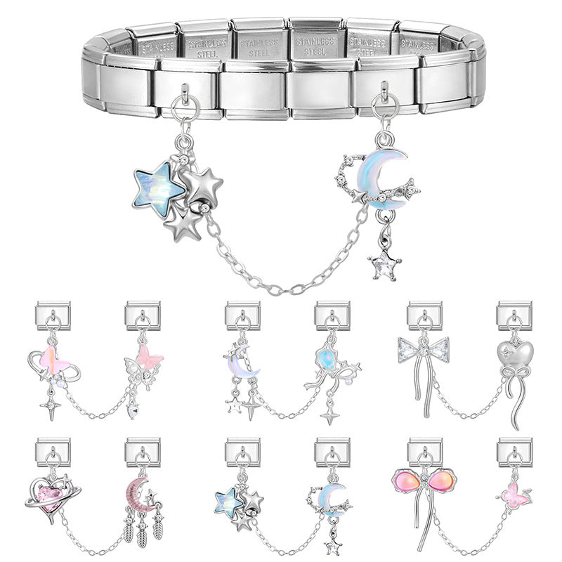 Silver Double Chain Charms, Bows and Moons