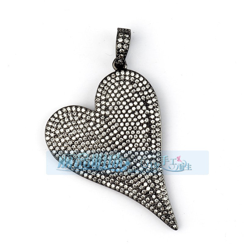 Pave Long Heart Black and White