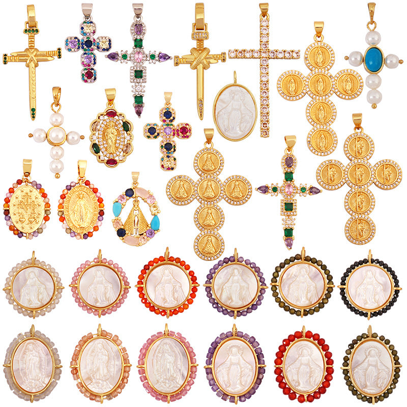 Cross and Mary Medal Necklace Pendants
