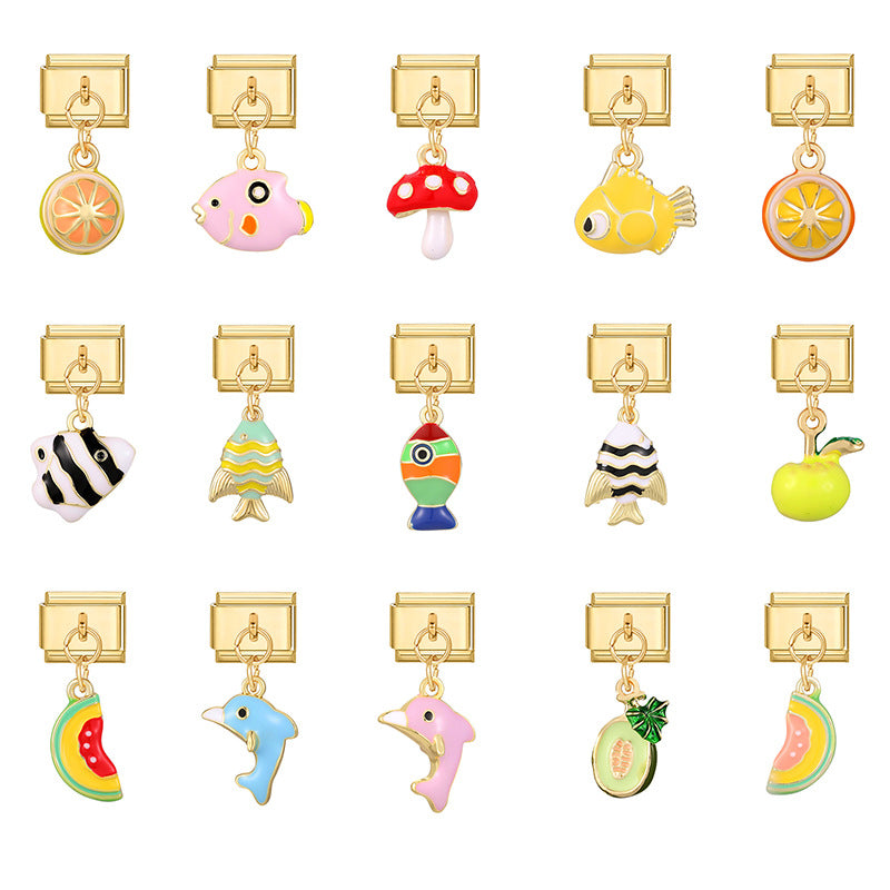 Gold Enamel Dangle Charms, Fish and Fruit