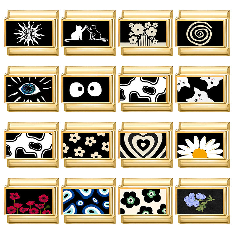Black Print Charms, Flowers and Cats