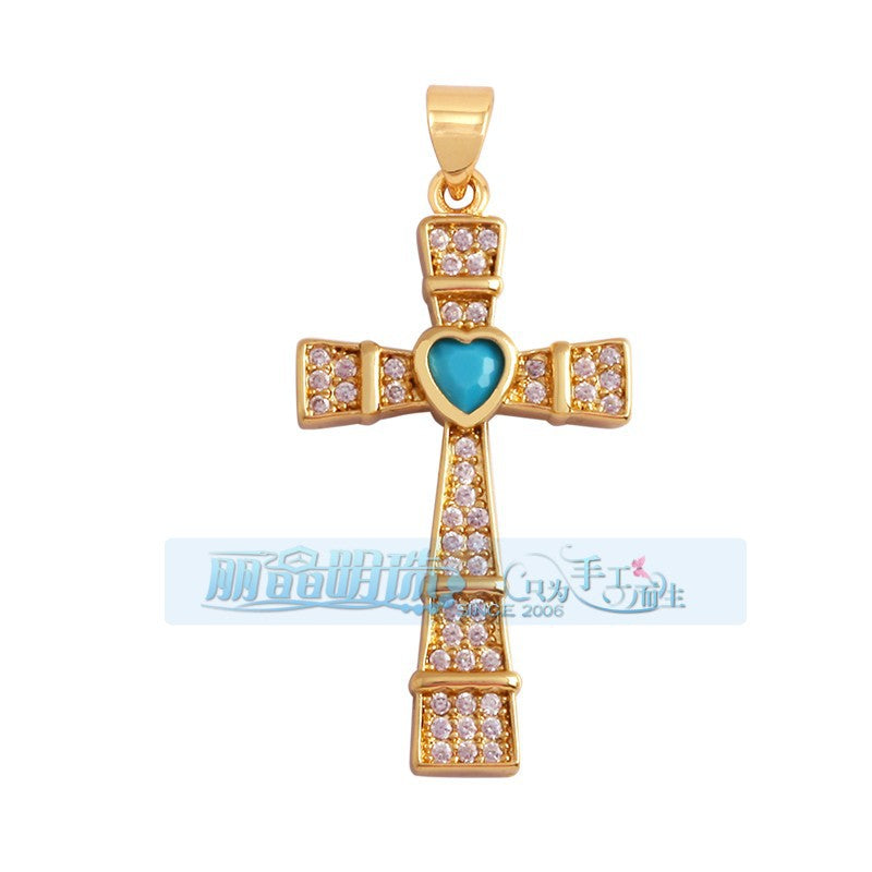 Pave Heart Cross Turquoise