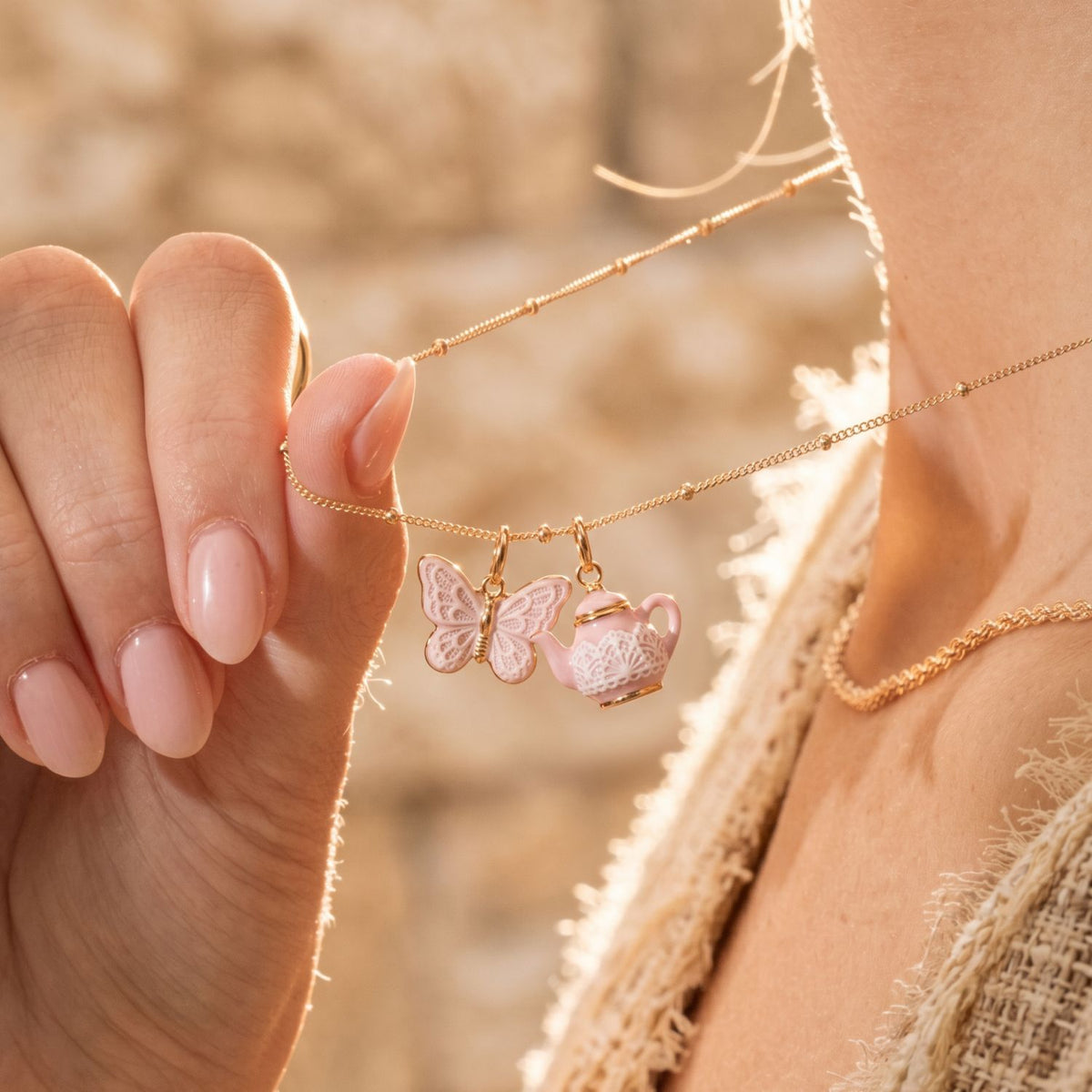 Pink Enamel Necklace Charms and Chains