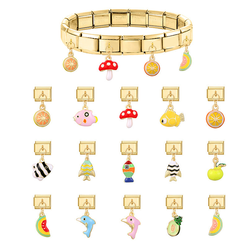 Gold Enamel Dangle Charms, Fish and Fruit