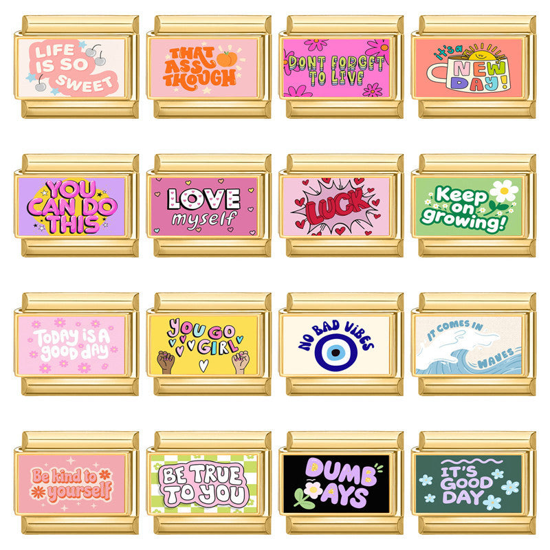 Gold Slogan Charms, Positive Words