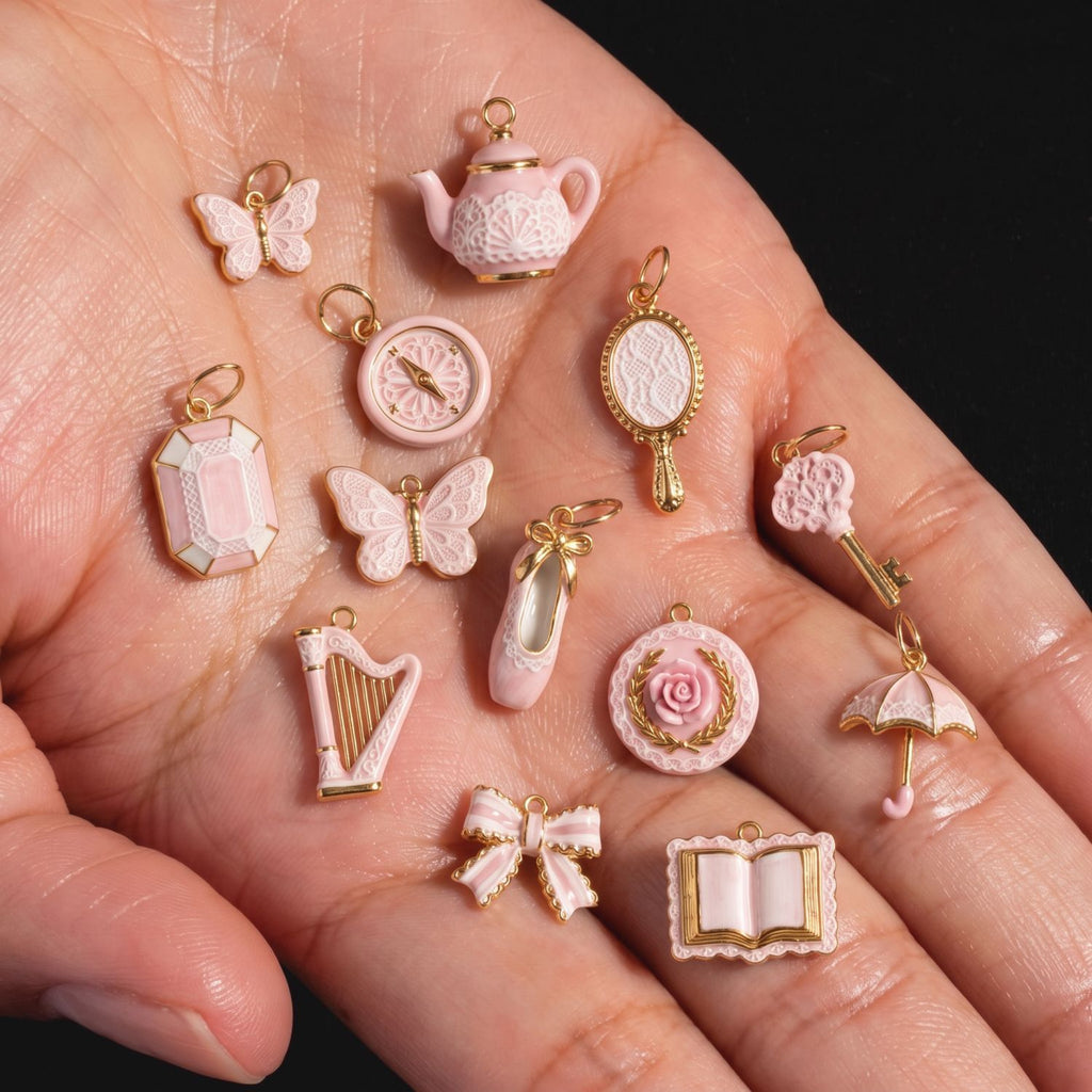 Pink Enamel Necklace Charms and Chains