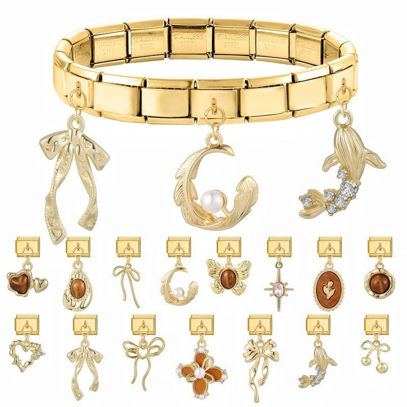 Gold Dangle Charms, Brown Hearts and Bows